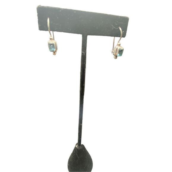 Sterling silver 925 Blue topaz emerald shaped dangle earrings wire fishhook with - Picture 4 of 12